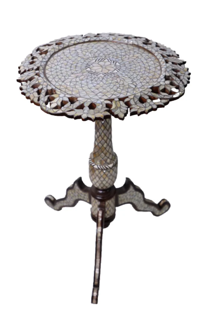 Handmade Tea Table with Mother-Of-Pearl Inlay  Floral Edge - Image 1