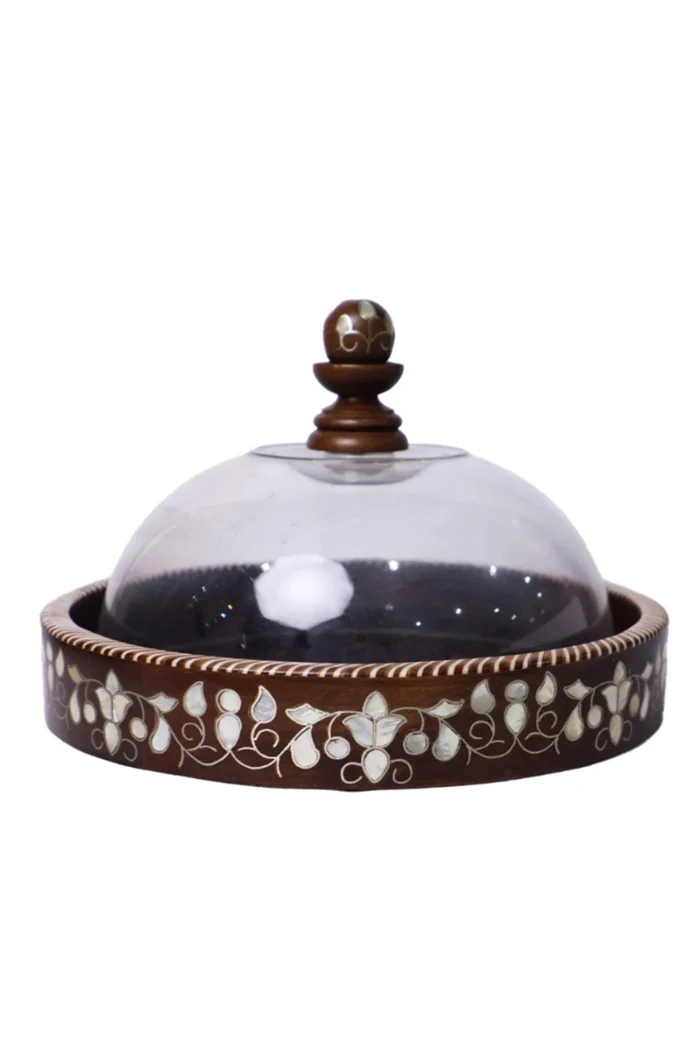 Handmade Serving Tray with Mother-of-Pearl and Glass Dome - Image 1