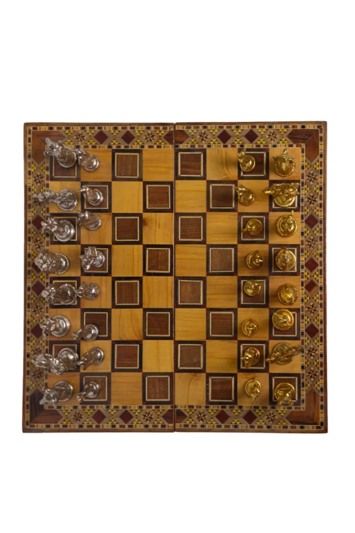 Handcrafted Chess Set with Metal Pieces – Foldable Mosaic Board - Image 1