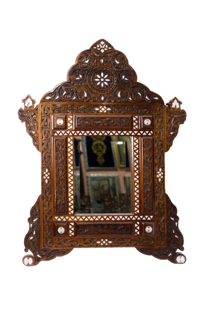1-29.webp Handcrafted Walnut Wood Mirror with Mother-Of-Pearl Inlays - Image 1