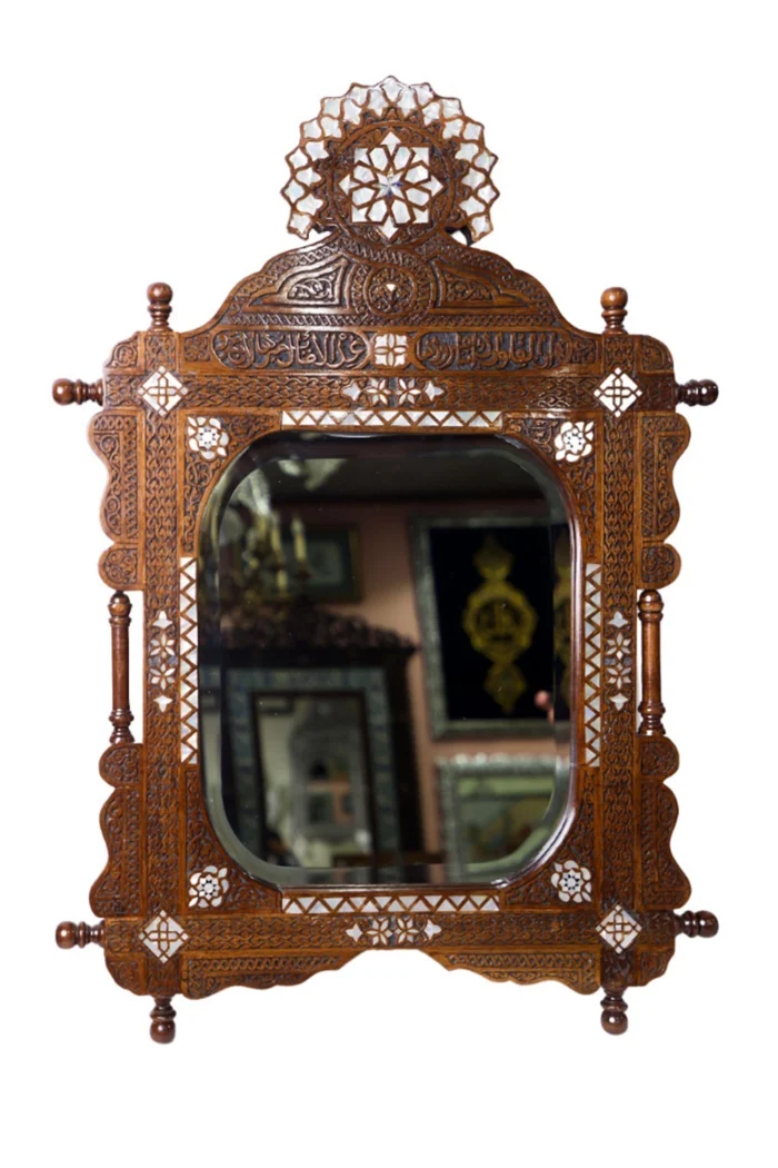 Handmade Walnut Wood Wall Mirror with Mother-Of-Pearl Inlays - Image 1