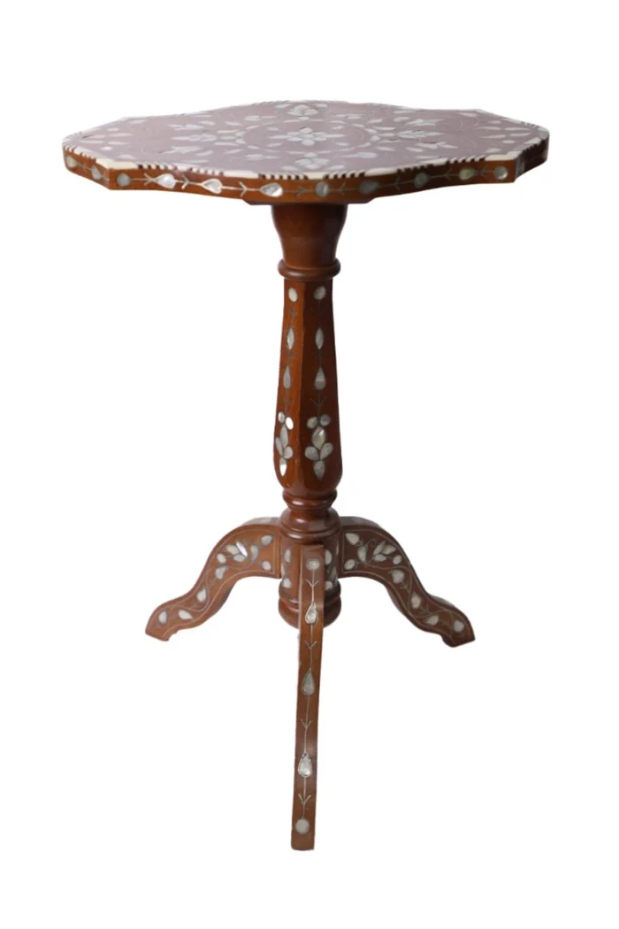 Small Wooden Three-Legged Tea Table with Inlays – Oriental Serving Table - Image 1