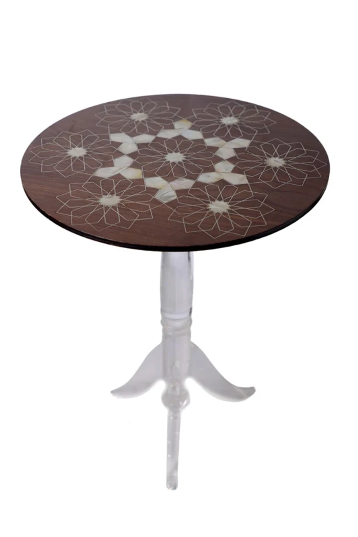 Three-legged Table with Plexiglass and Mother-Of-Pearl Inlay - Image 1