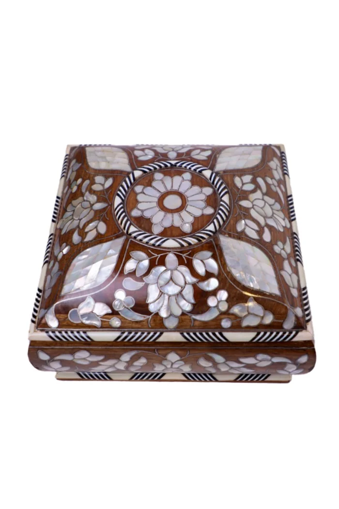 Handmade Walnut Wood Box with Mother-Of-Pearl Inlays - Image 1