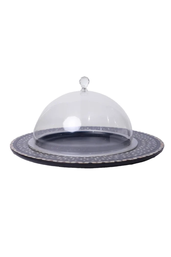 Elegant Black Cake Stand with Mother-Of-Pearl Inlays & Dome - Image 1