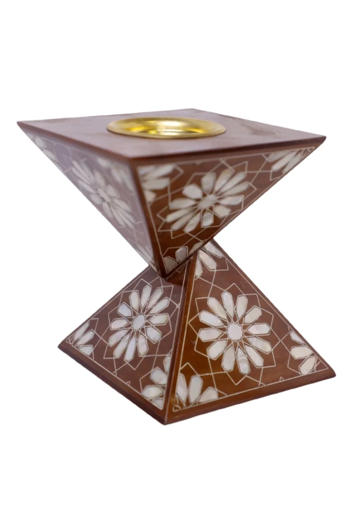 Pyramid-shaped Incense Burner Holder with Mother-Of-Pearl Inlay & Copper Bowl - Image 1